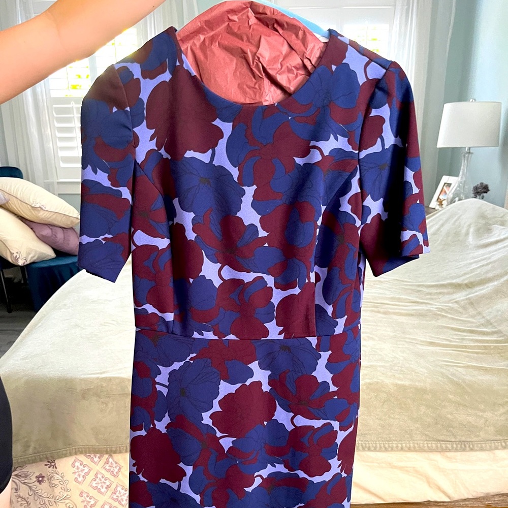 Blue & purple flower print, knee length, short sleeve Ann Taylor sheath dress